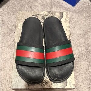 Gucci Black Slides with Signature Green and Red Stripes
